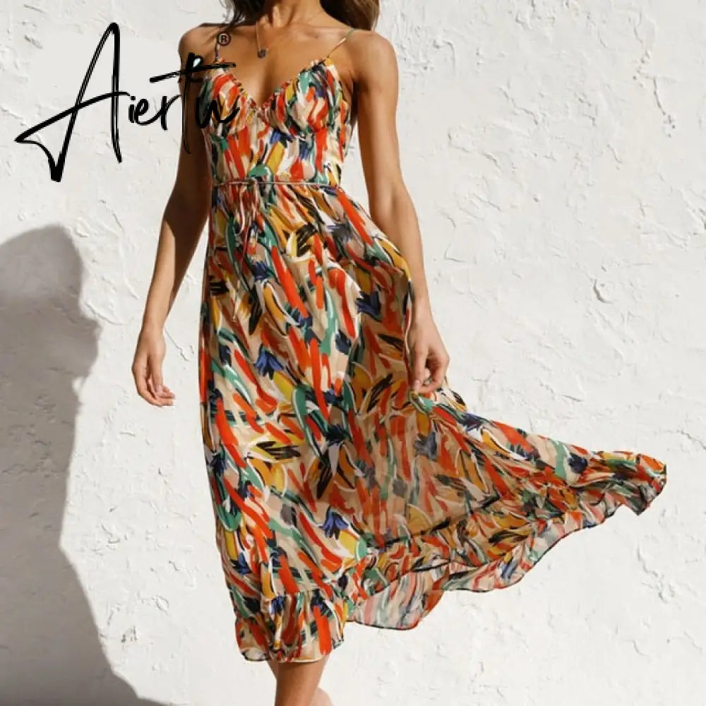 Aiertu Simplee Casual green sling print women dress Summer sexy V-neck holiday style maxi dress Elegant High-waist lace-up ruffle dress Aiertu