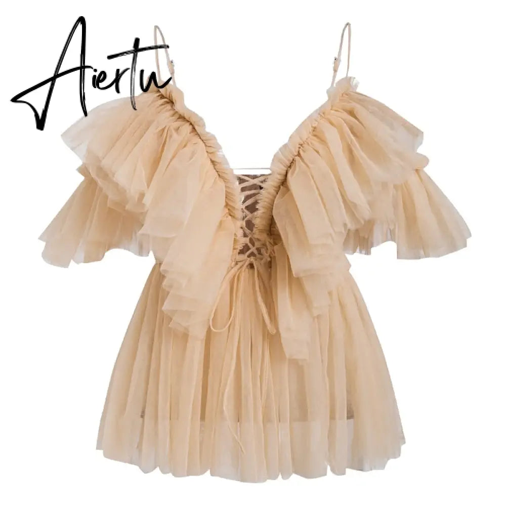 Aiertu Simplee V-neck mesh lace up sexy blouse summer women Strap boho ruffle cold shouler elegant tops Tulle see through casual shirt Aiertu