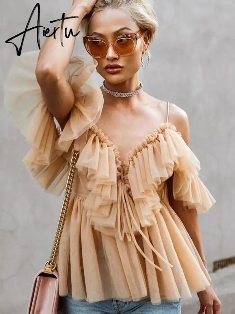 Aiertu Simplee V-neck mesh lace up sexy blouse summer women Strap boho ruffle cold shouler elegant tops Tulle see through casual shirt Aiertu
