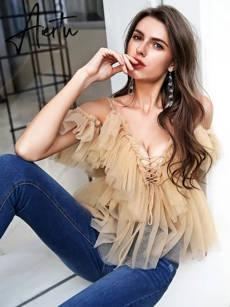 Aiertu Simplee V-neck mesh lace up sexy blouse summer women Strap boho ruffle cold shouler elegant tops Tulle see through casual shirt Aiertu