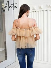 Aiertu Simplee V-neck mesh lace up sexy blouse summer women Strap boho ruffle cold shouler elegant tops Tulle see through casual shirt Aiertu