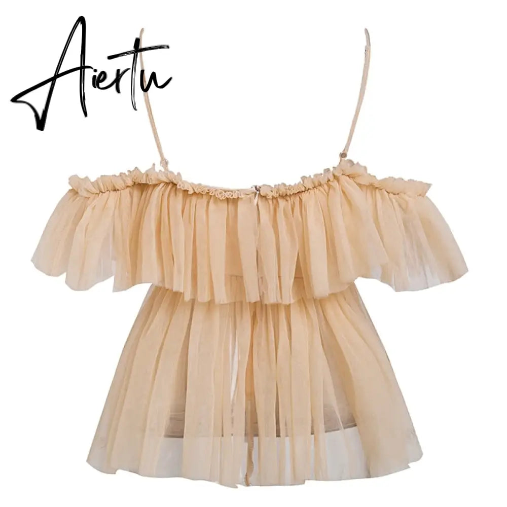 Aiertu Simplee V-neck mesh lace up sexy blouse summer women Strap boho ruffle cold shouler elegant tops Tulle see through casual shirt Aiertu