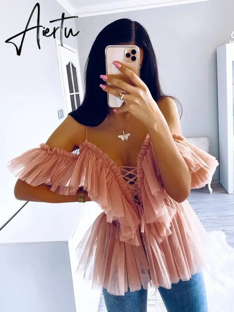 Aiertu Simplee V-neck mesh lace up sexy blouse summer women Strap boho ruffle cold shouler elegant tops Tulle see through casual shirt Aiertu