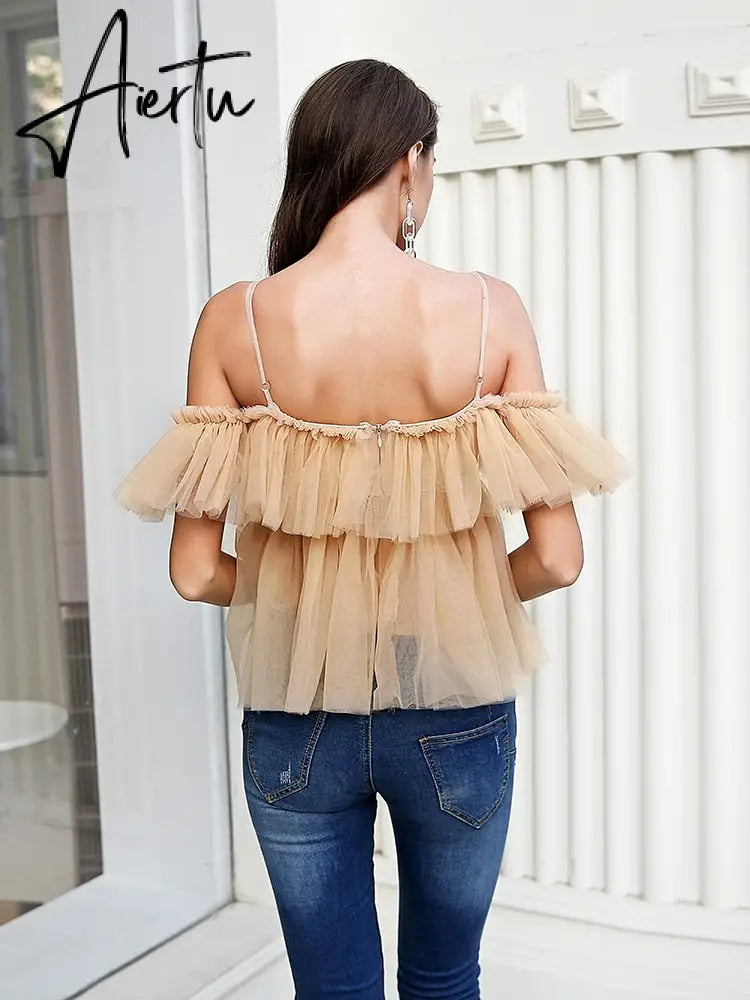 Aiertu Simplee V-neck mesh lace up sexy blouse summer women Strap boho ruffle cold shouler elegant tops Tulle see through casual shirt Aiertu