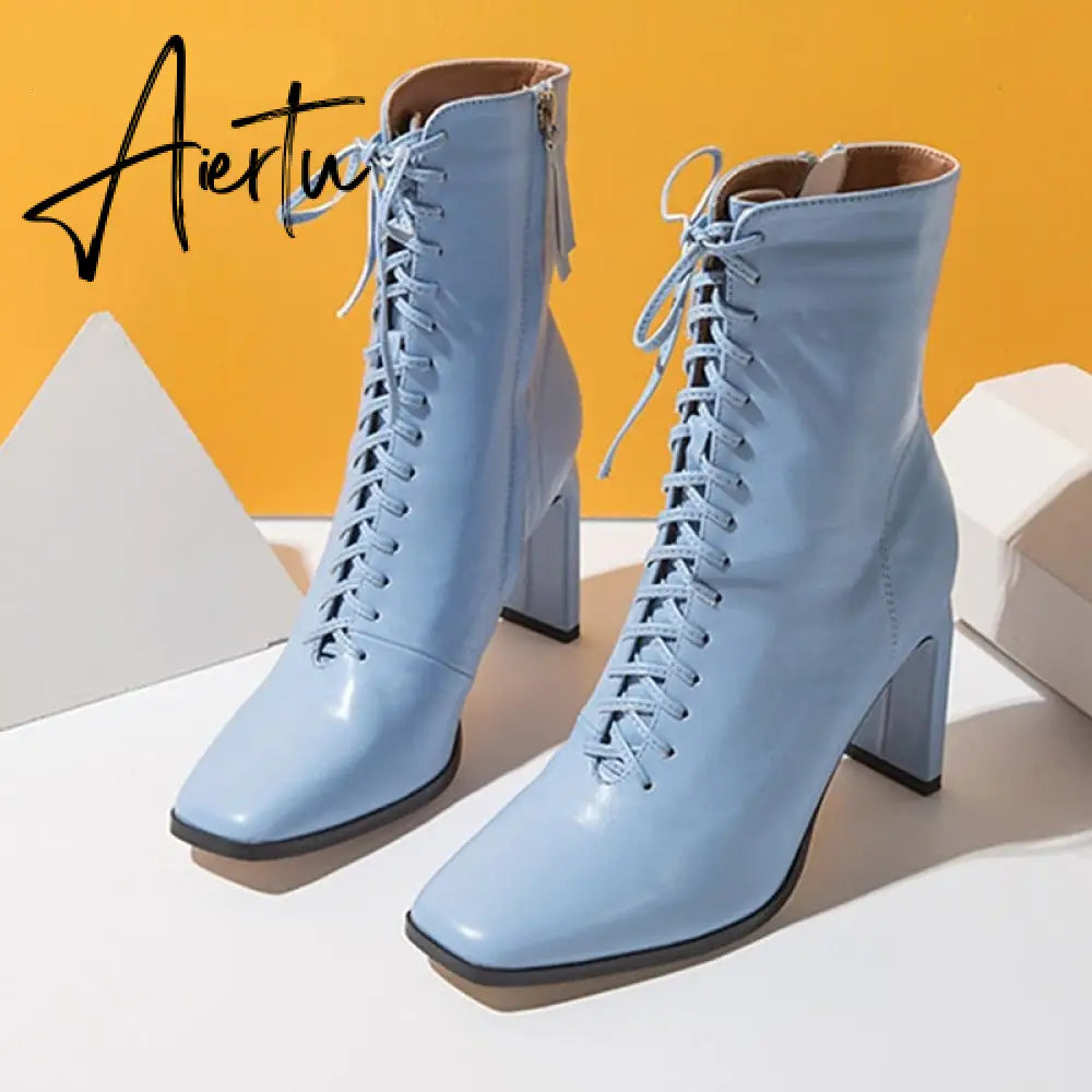 Aiertu Size 35-42 New Style Square Head Punk Women Ankle Boots Fashion Cross Strap Winter Autumn Zipper High Heels Shoes Aiertu