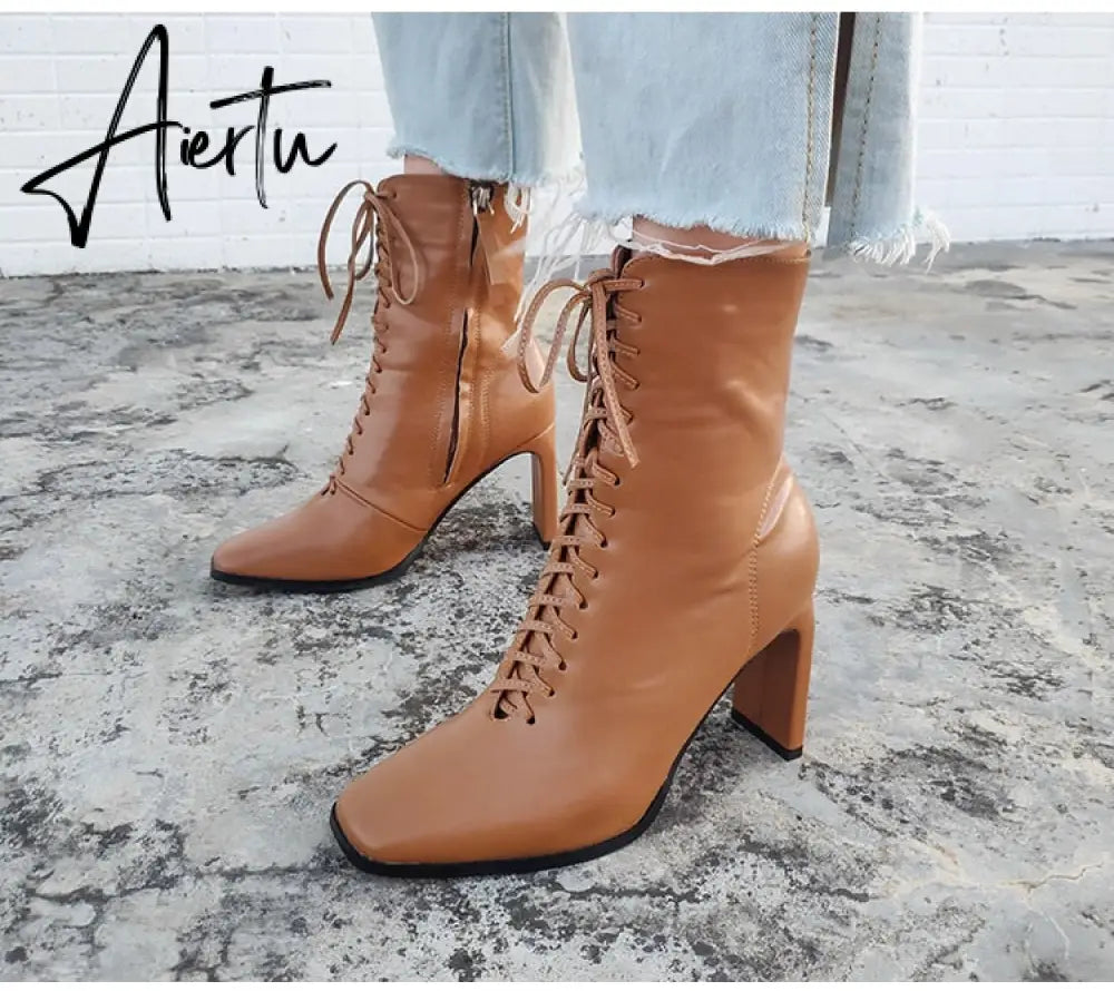 Aiertu Size 35-42 New Style Square Head Punk Women Ankle Boots Fashion Cross Strap Winter Autumn Zipper High Heels Shoes Aiertu