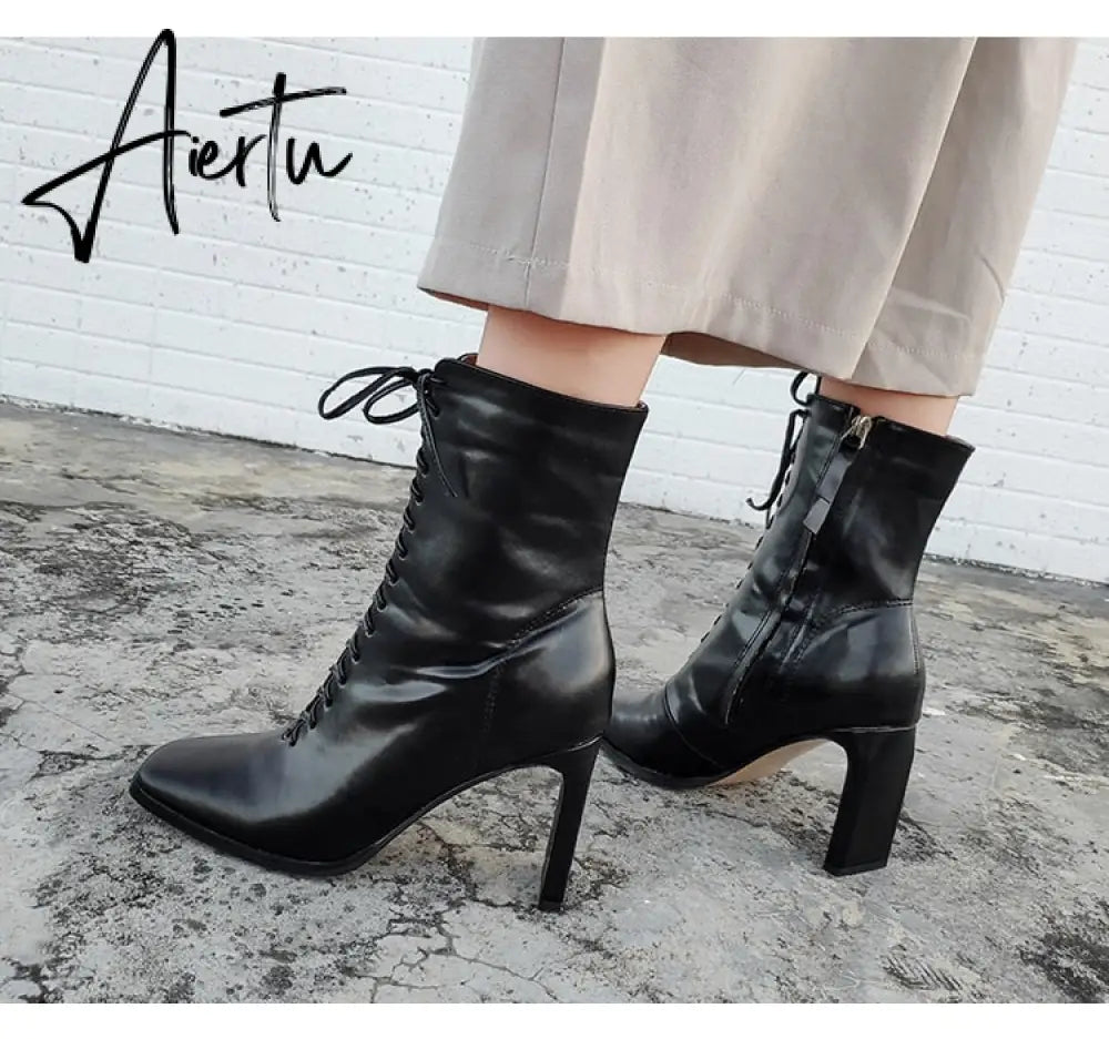 Aiertu Size 35-42 New Style Square Head Punk Women Ankle Boots Fashion Cross Strap Winter Autumn Zipper High Heels Shoes Aiertu