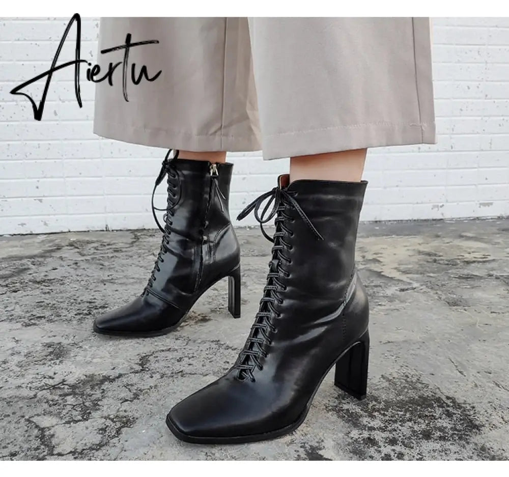 Aiertu Size 35-42 New Style Square Head Punk Women Ankle Boots Fashion Cross Strap Winter Autumn Zipper High Heels Shoes Aiertu