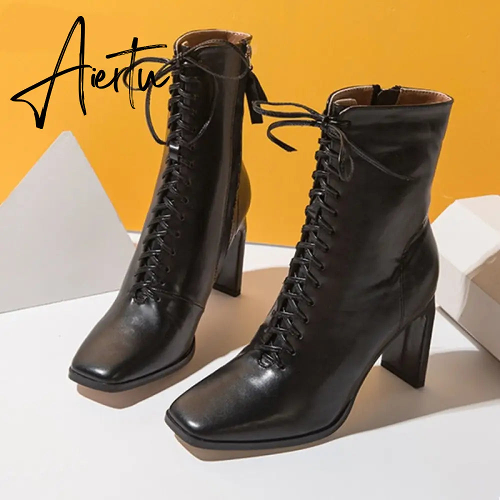 Aiertu Size 35-42 New Style Square Head Punk Women Ankle Boots Fashion Cross Strap Winter Autumn Zipper High Heels Shoes Aiertu