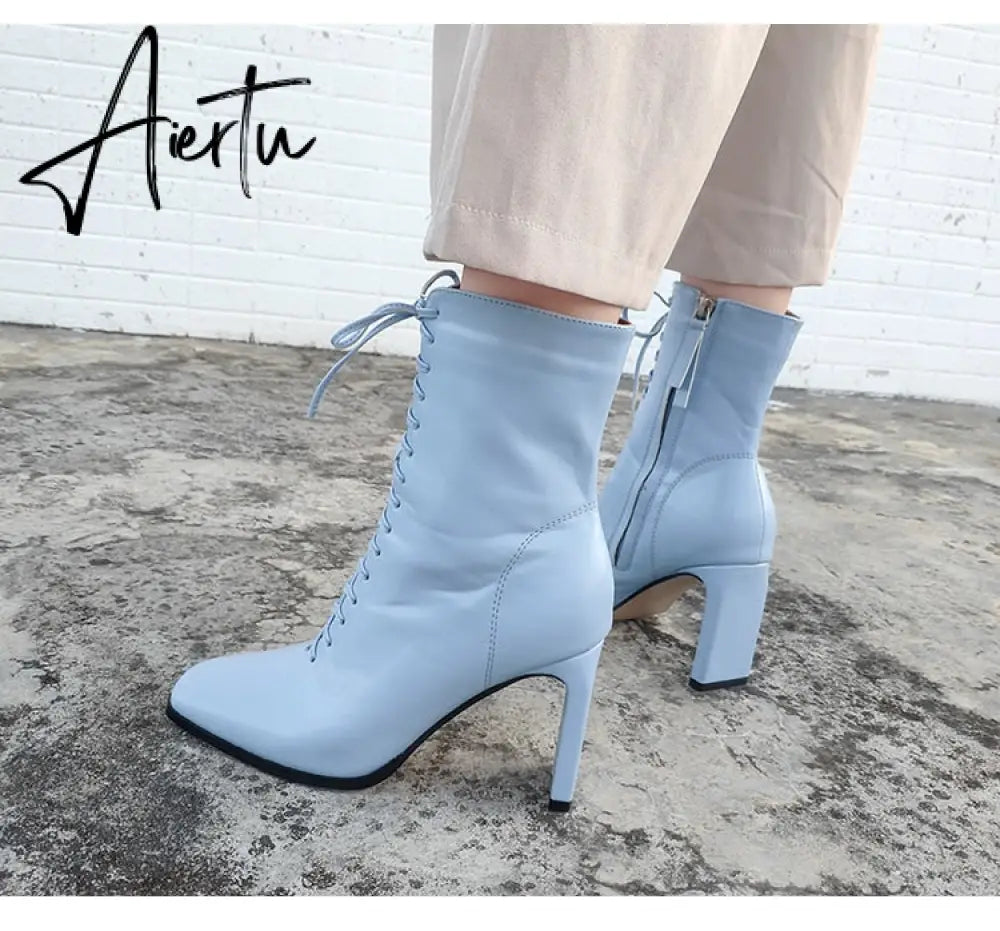 Aiertu Size 35-42 New Style Square Head Punk Women Ankle Boots Fashion Cross Strap Winter Autumn Zipper High Heels Shoes Aiertu