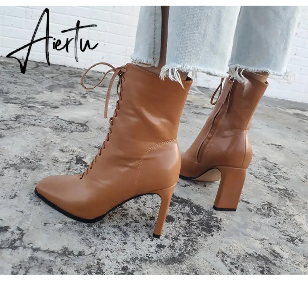 Aiertu Size 35-42 New Style Square Head Punk Women Ankle Boots Fashion Cross Strap Winter Autumn Zipper High Heels Shoes Aiertu