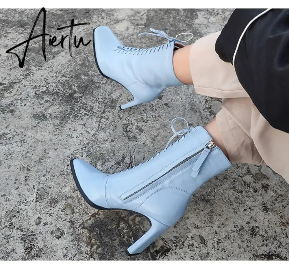 Aiertu Size 35-42 New Style Square Head Punk Women Ankle Boots Fashion Cross Strap Winter Autumn Zipper High Heels Shoes Aiertu