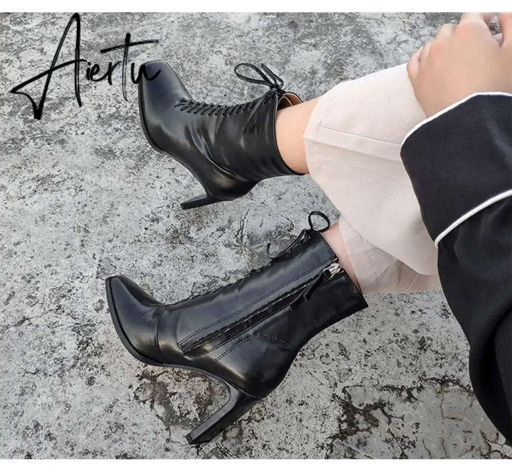 Aiertu Size 35-42 New Style Square Head Punk Women Ankle Boots Fashion Cross Strap Winter Autumn Zipper High Heels Shoes Aiertu