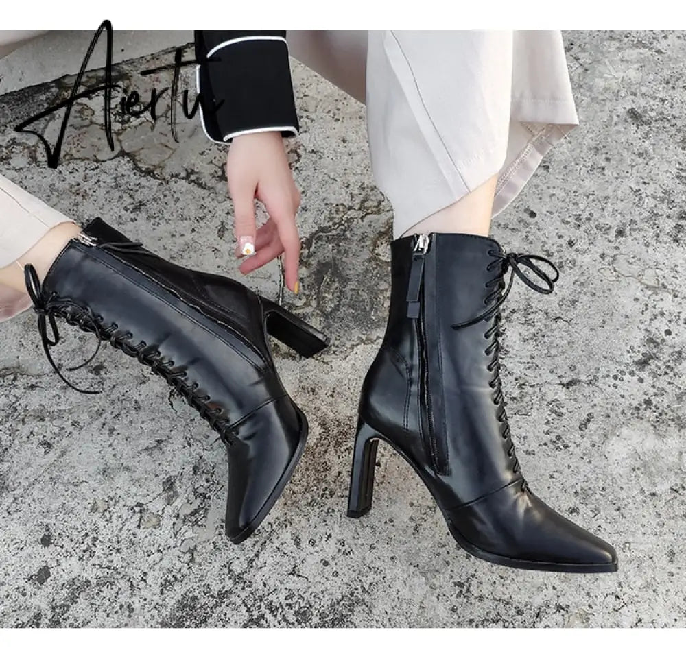 Aiertu Size 35-42 New Style Square Head Punk Women Ankle Boots Fashion Cross Strap Winter Autumn Zipper High Heels Shoes Aiertu