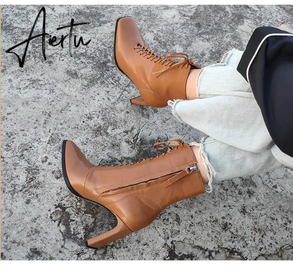 Aiertu Size 35-42 New Style Square Head Punk Women Ankle Boots Fashion Cross Strap Winter Autumn Zipper High Heels Shoes Aiertu