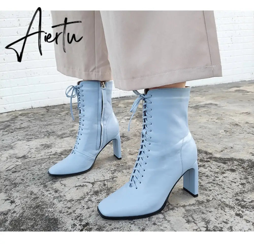 Aiertu Size 35-42 New Style Square Head Punk Women Ankle Boots Fashion Cross Strap Winter Autumn Zipper High Heels Shoes Aiertu