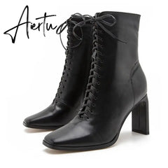 Aiertu Size 35-42 New Style Square Head Punk Women Ankle Boots Fashion Cross Strap Winter Autumn Zipper High Heels Shoes Aiertu