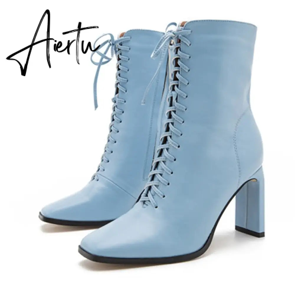 Aiertu Size 35-42 New Style Square Head Punk Women Ankle Boots Fashion Cross Strap Winter Autumn Zipper High Heels Shoes Aiertu