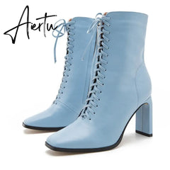 Aiertu Size 35-42 New Style Square Head Punk Women Ankle Boots Fashion Cross Strap Winter Autumn Zipper High Heels Shoes Aiertu