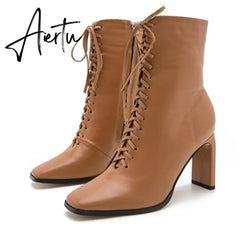 Aiertu Size 35-42 New Style Square Head Punk Women Ankle Boots Fashion Cross Strap Winter Autumn Zipper High Heels Shoes Aiertu