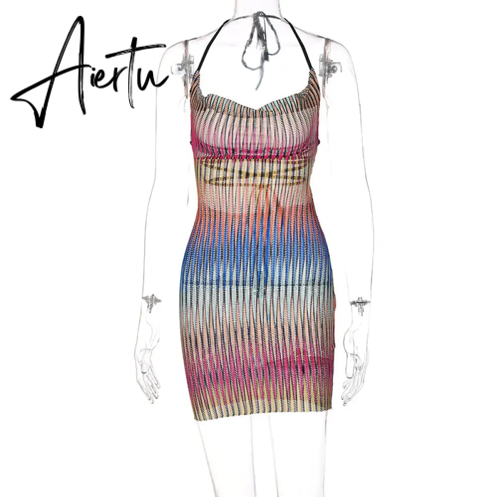 Aiertu Sleeveless Backless See Through Bandage Satin Slip Mini Dress Summer Women Fashion Sexy Party Club Robe Kpytomoa Aiertu
