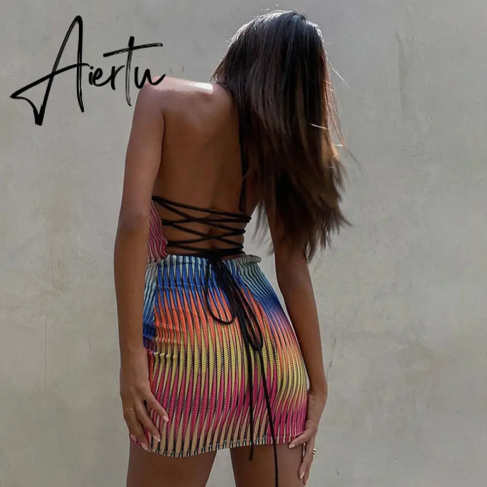 Aiertu Sleeveless Backless See Through Bandage Satin Slip Mini Dress Summer Women Fashion Sexy Party Club Robe Kpytomoa Aiertu