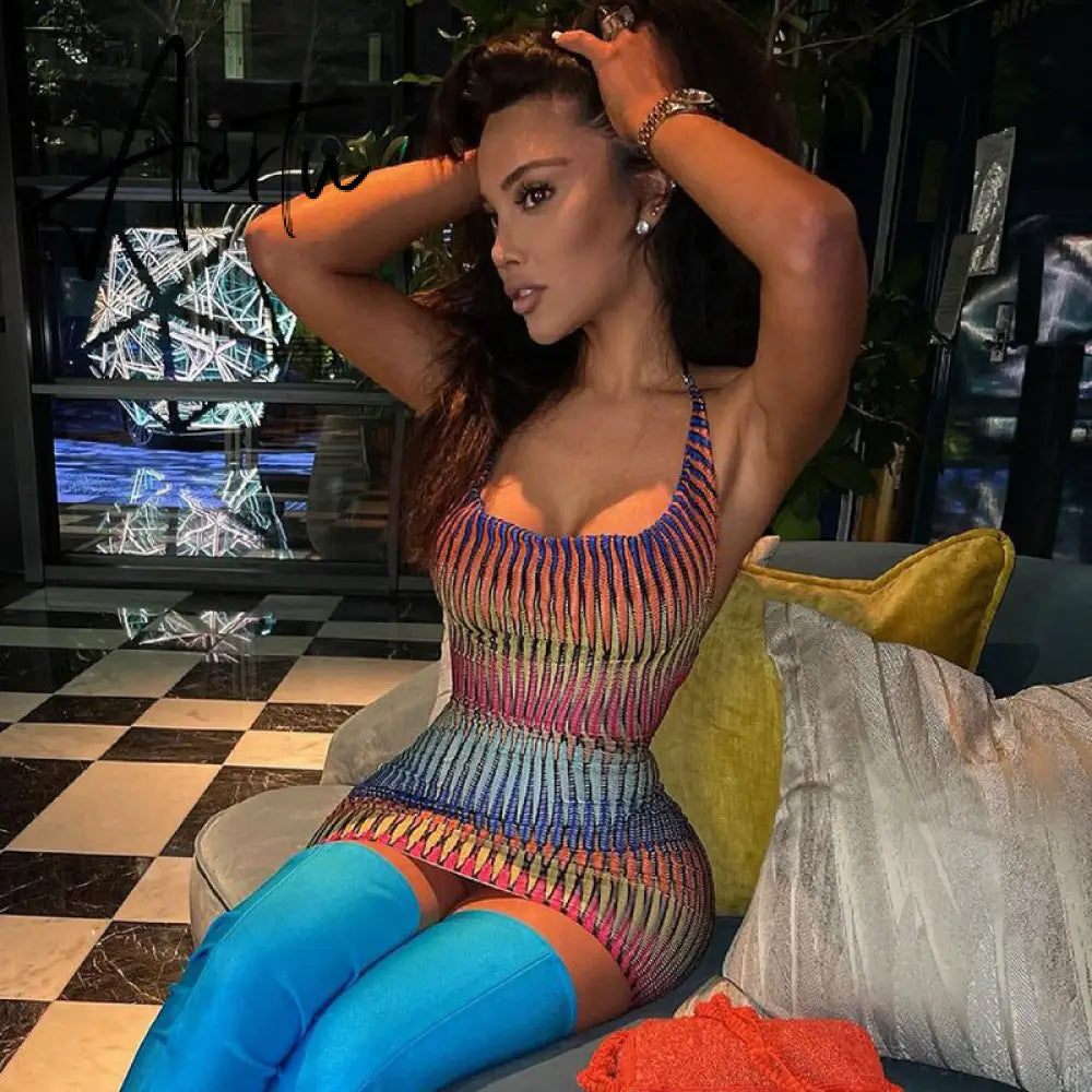 Aiertu Sleeveless Backless See Through Bandage Satin Slip Mini Dress Summer Women Fashion Sexy Party Club Robe Kpytomoa Aiertu