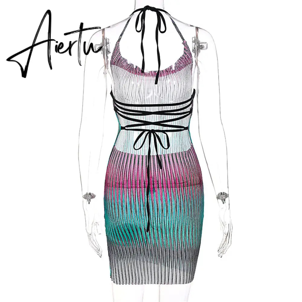 Aiertu Sleeveless Backless See Through Bandage Satin Slip Mini Dress Summer Women Fashion Sexy Party Club Robe Kpytomoa Aiertu