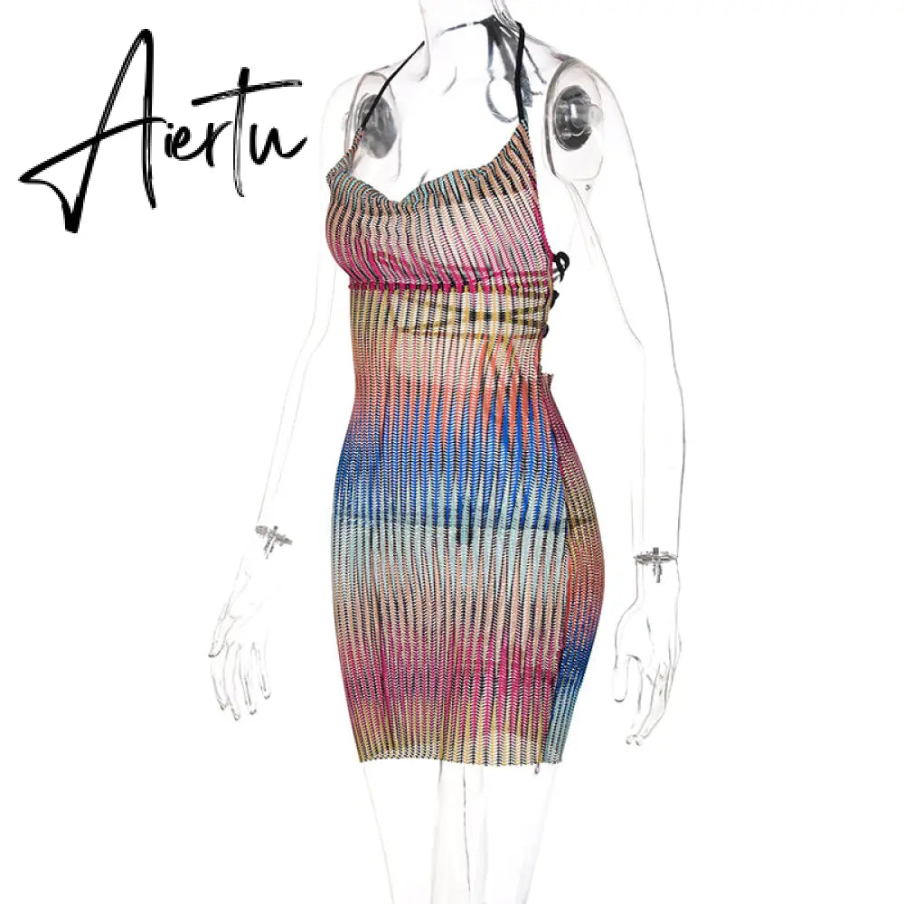 Aiertu Sleeveless Backless See Through Bandage Satin Slip Mini Dress Summer Women Fashion Sexy Party Club Robe Kpytomoa Aiertu