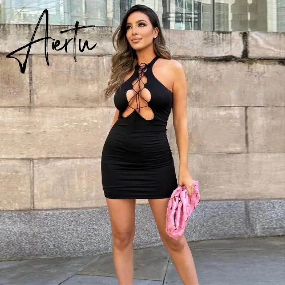 Aiertu Sleeveless Backless Solid Mesh Dress Bodycon Summer Sexy Women Streetwear Y2K Party Club Aiertu