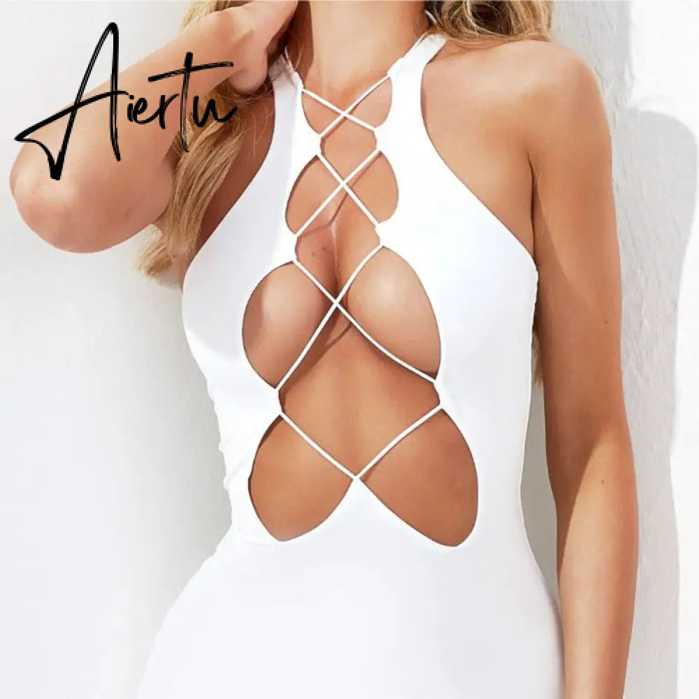 Aiertu Sleeveless Backless Solid Mesh Dress Bodycon Summer Sexy Women Streetwear Y2K Party Club Aiertu