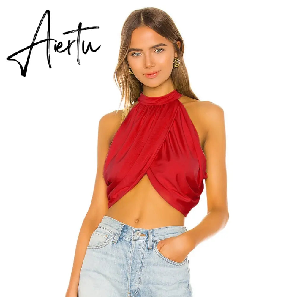 Aiertu  sleeveless halter patchwork backless sexy crop top summer women fashion streetwear club camis outfits Aiertu