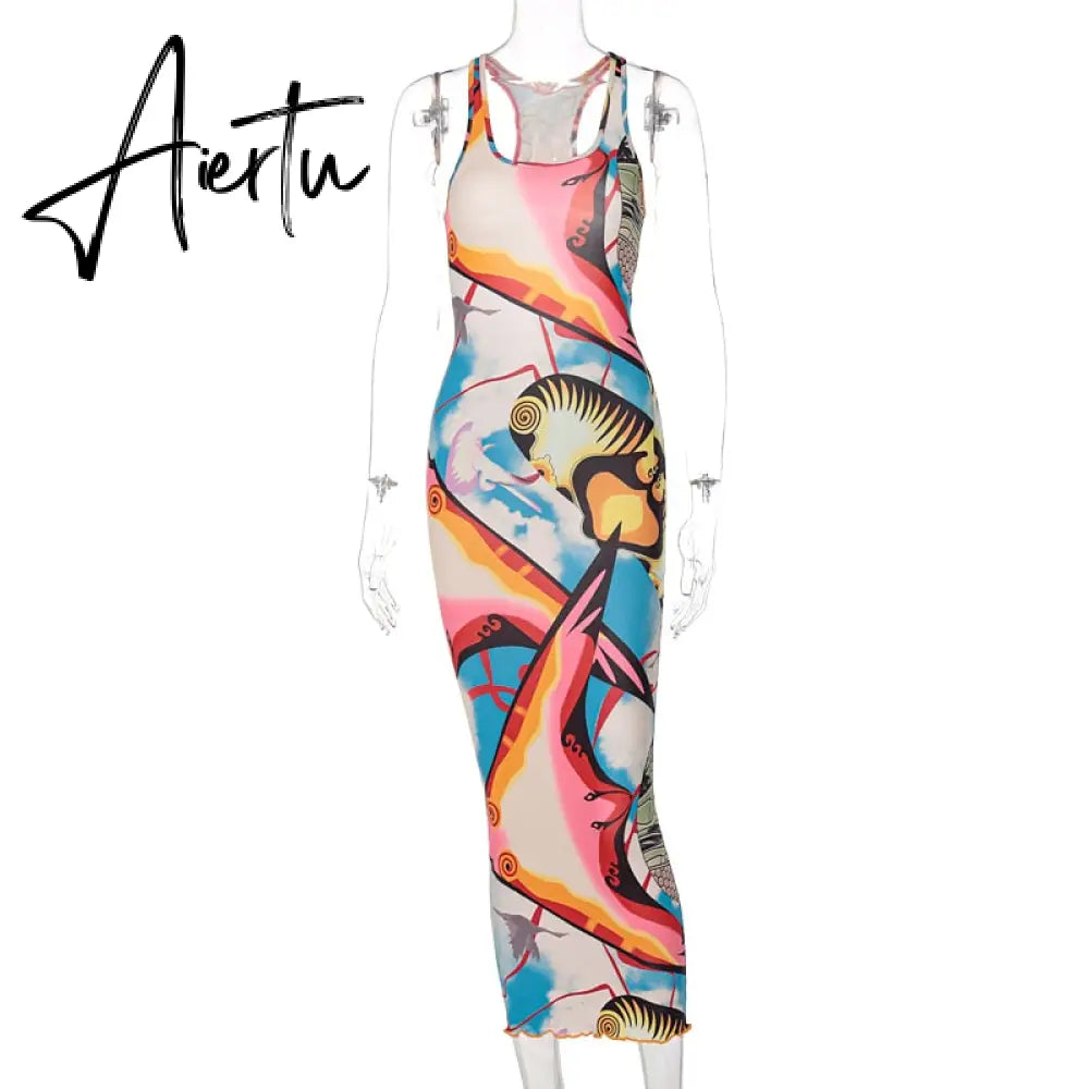 Aiertu   Sleeveless Hollow Out Straps Asymmetric Print Backless Ruched Sexy Maxi Dress Summer Women Streetwear Y2K Aiertu