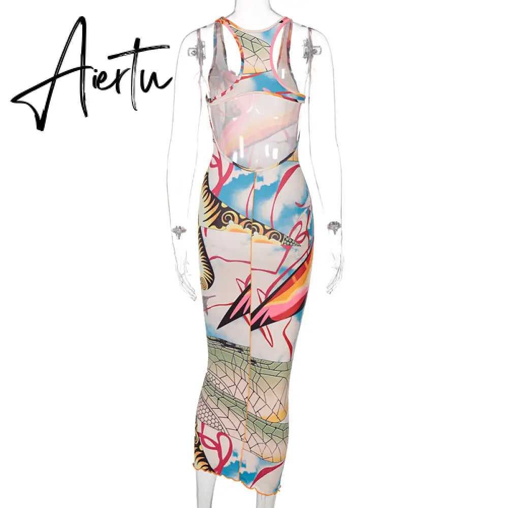Aiertu   Sleeveless Hollow Out Straps Asymmetric Print Backless Ruched Sexy Maxi Dress Summer Women Streetwear Y2K Aiertu