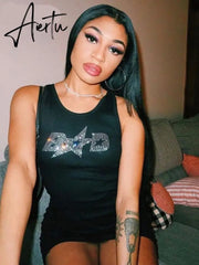 Aiertu Sleeveless Sequined Letter Print Sexy Mini Dress Summer Women Fashion Streetwear Outfits Y2K Party Clothing Aiertu