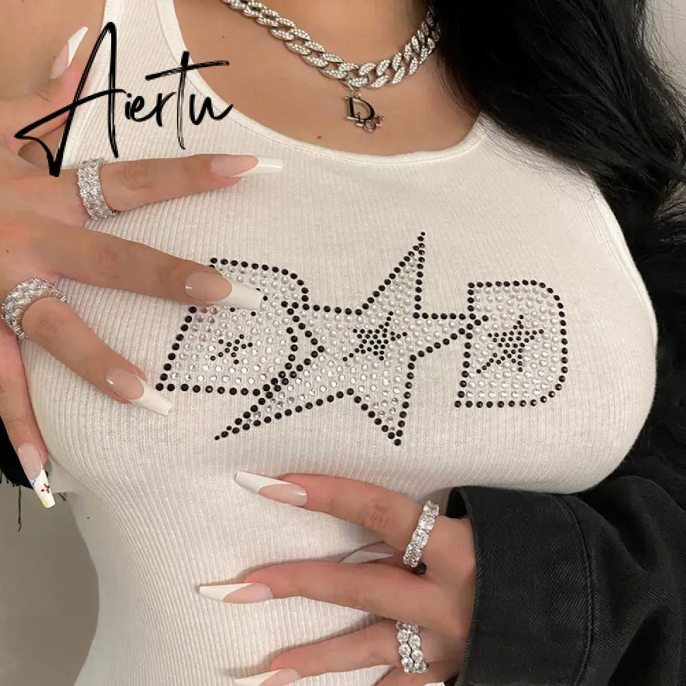 Aiertu Sleeveless Sequined Letter Print Sexy Mini Dress Summer Women Fashion Streetwear Outfits Y2K Party Clothing Aiertu