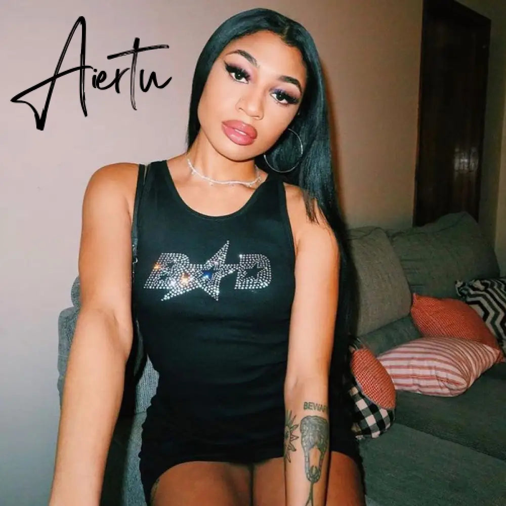 Aiertu Sleeveless Sequined Letter Print Sexy Mini Dress Summer Women Fashion Streetwear Outfits Y2K Party Clothing Aiertu