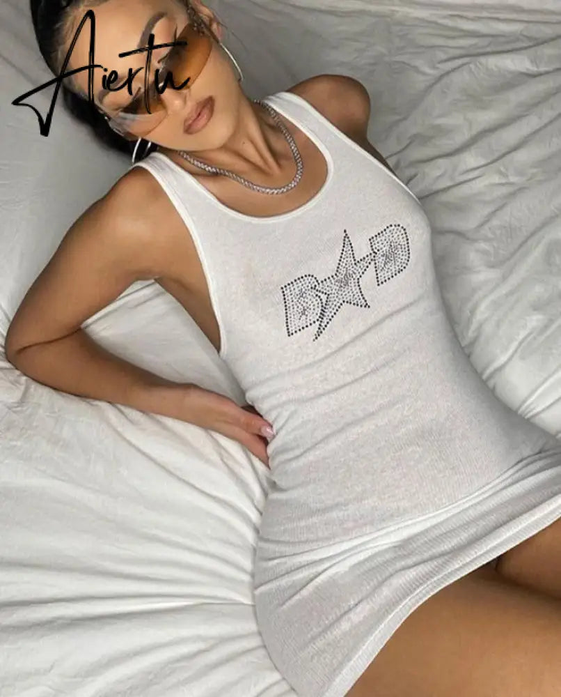Aiertu Sleeveless Sequined Letter Print Sexy Mini Dress Summer Women Fashion Streetwear Outfits Y2K Party Clothing Aiertu