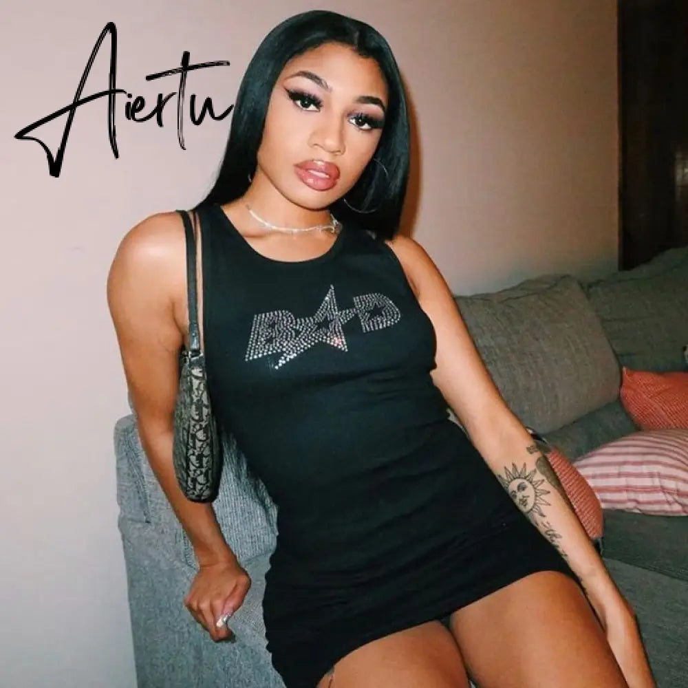 Aiertu Sleeveless Sequined Letter Print Sexy Mini Dress Summer Women Fashion Streetwear Outfits Y2K Party Clothing Aiertu