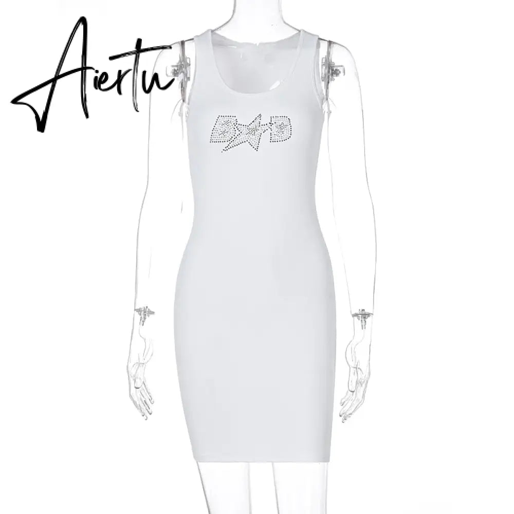 Aiertu Sleeveless Sequined Letter Print Sexy Mini Dress Summer Women Fashion Streetwear Outfits Y2K Party Clothing Aiertu