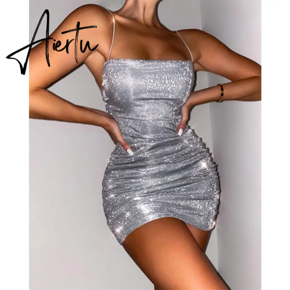 Aiertu Sleeveless Sequined Shiny Sexy Mini Dress Summer Women Fashion Streetwear Outfits Party Y2K Club Clothing Aiertu