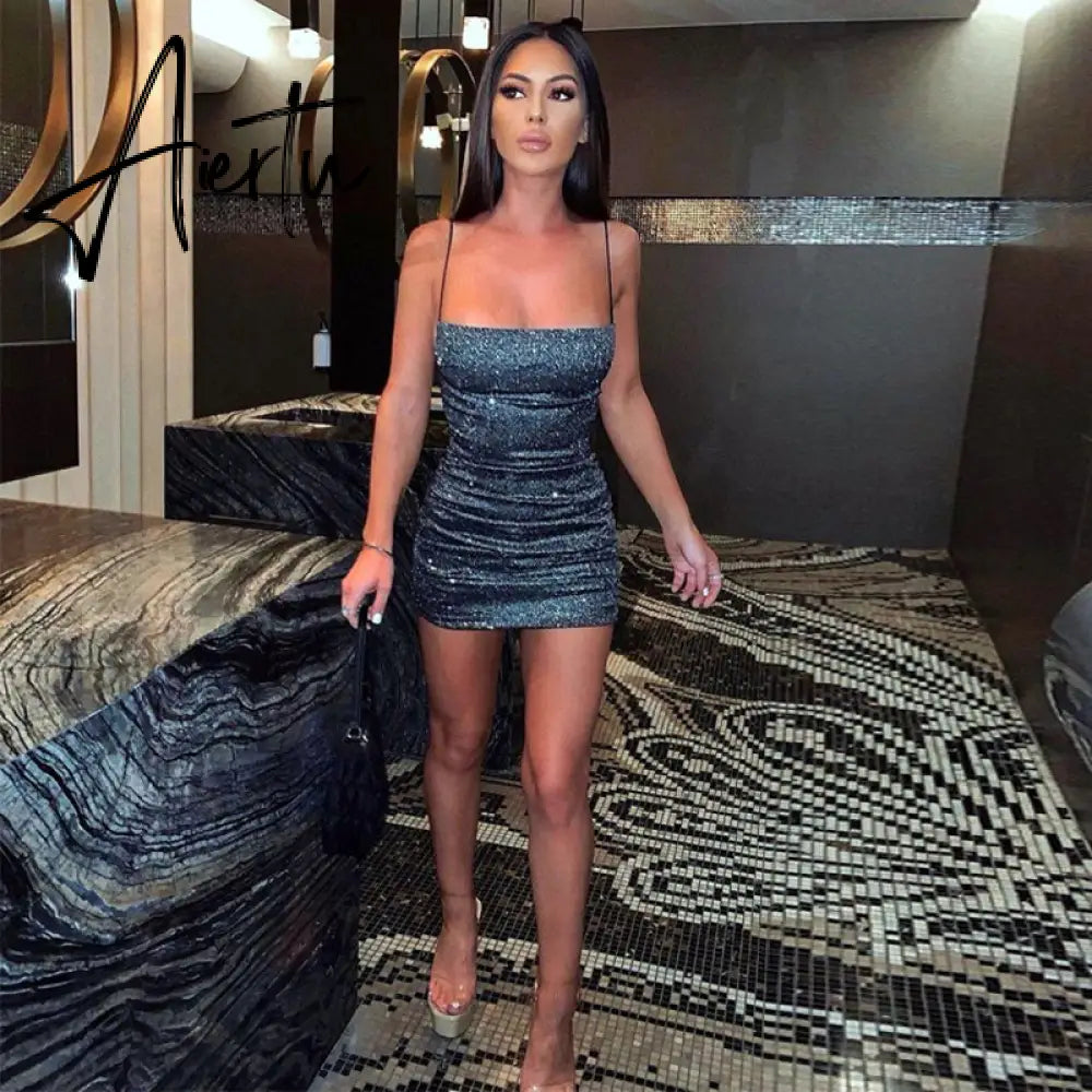 Aiertu Sleeveless Sequined Shiny Sexy Mini Dress Summer Women Fashion Streetwear Outfits Party Y2K Club Clothing Aiertu