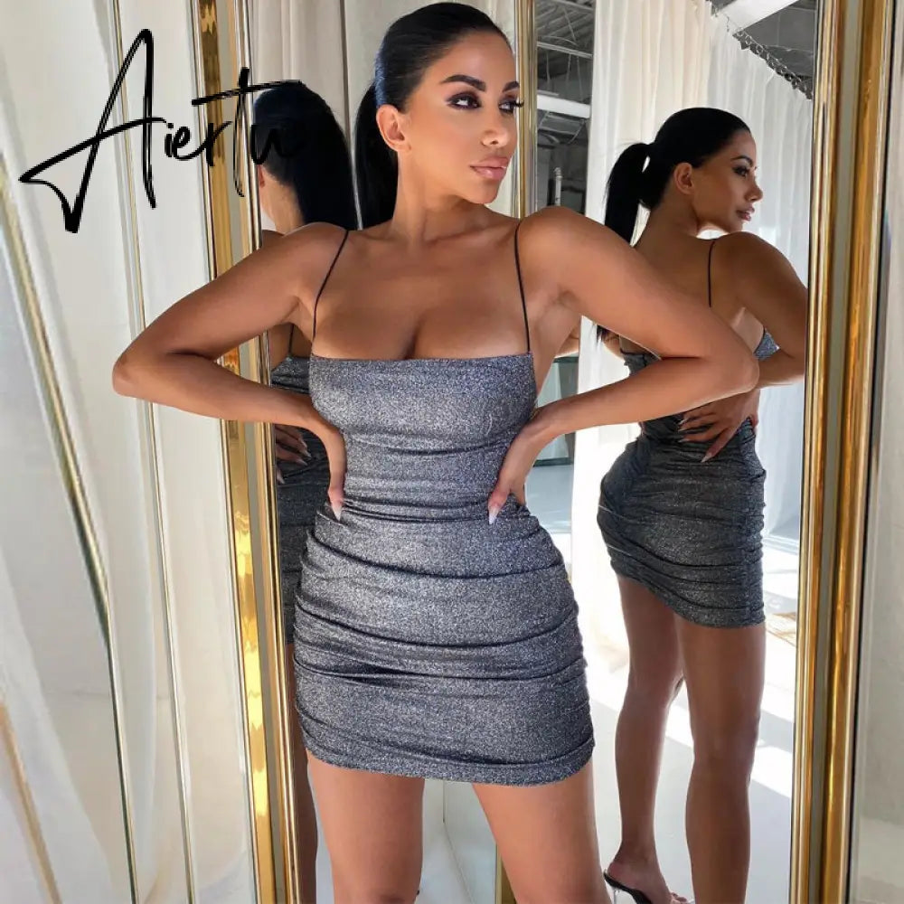 Aiertu Sleeveless Sequined Shiny Sexy Mini Dress Summer Women Fashion Streetwear Outfits Party Y2K Club Clothing Aiertu