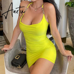 Aiertu Sleeveless Silk Chain Slip Mini Dress Summer Women Fashion Streetwear Outfits Party Elegant Clothing Y2K Aiertu