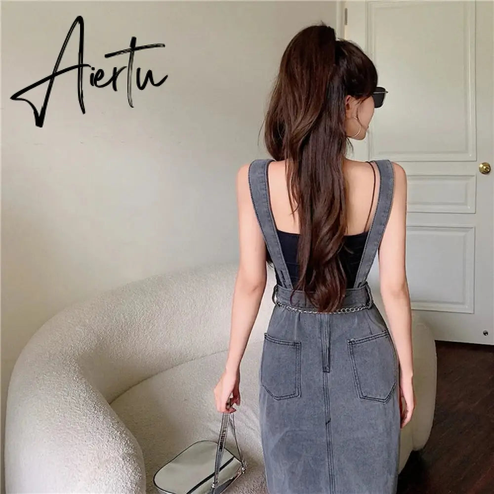 Aiertu Sleeveless Women Denim Suspender Dress Spring New Midi Skirt Blue Korean Fashion Polo Collar Streetwear Female Braces Slit Dress Aiertu