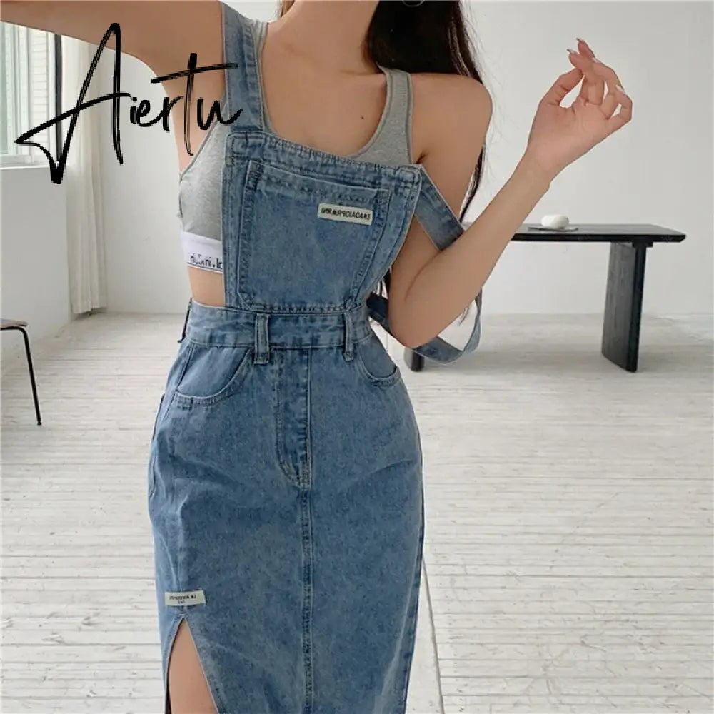 Aiertu Sleeveless Women Denim Suspender Dress Spring New Midi Skirt Blue Korean Fashion Polo Collar Streetwear Female Braces Slit Dress Aiertu