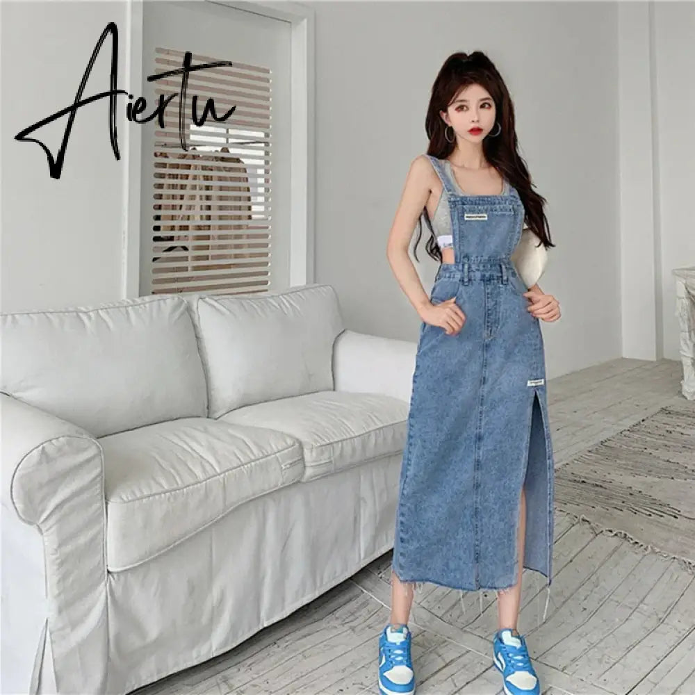 Aiertu Sleeveless Women Denim Suspender Dress Spring New Midi Skirt Blue Korean Fashion Polo Collar Streetwear Female Braces Slit Dress Aiertu