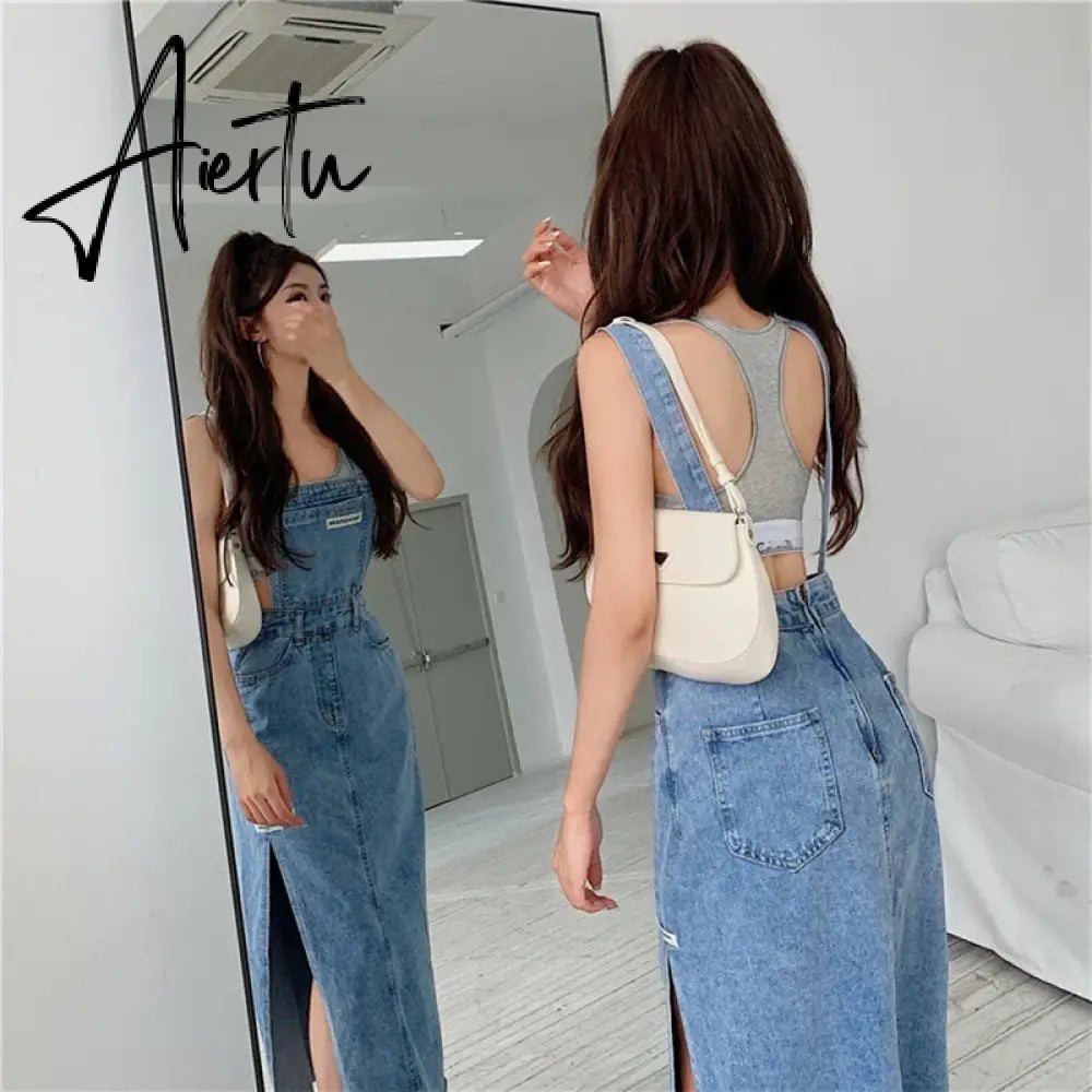 Aiertu Sleeveless Women Denim Suspender Dress Spring New Midi Skirt Blue Korean Fashion Polo Collar Streetwear Female Braces Slit Dress Aiertu