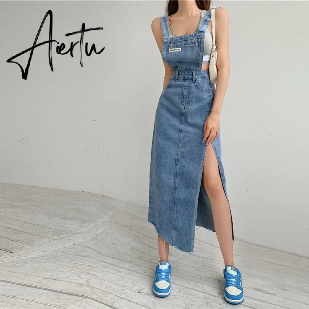 Aiertu Sleeveless Women Denim Suspender Dress Spring New Midi Skirt Blue Korean Fashion Polo Collar Streetwear Female Braces Slit Dress Aiertu