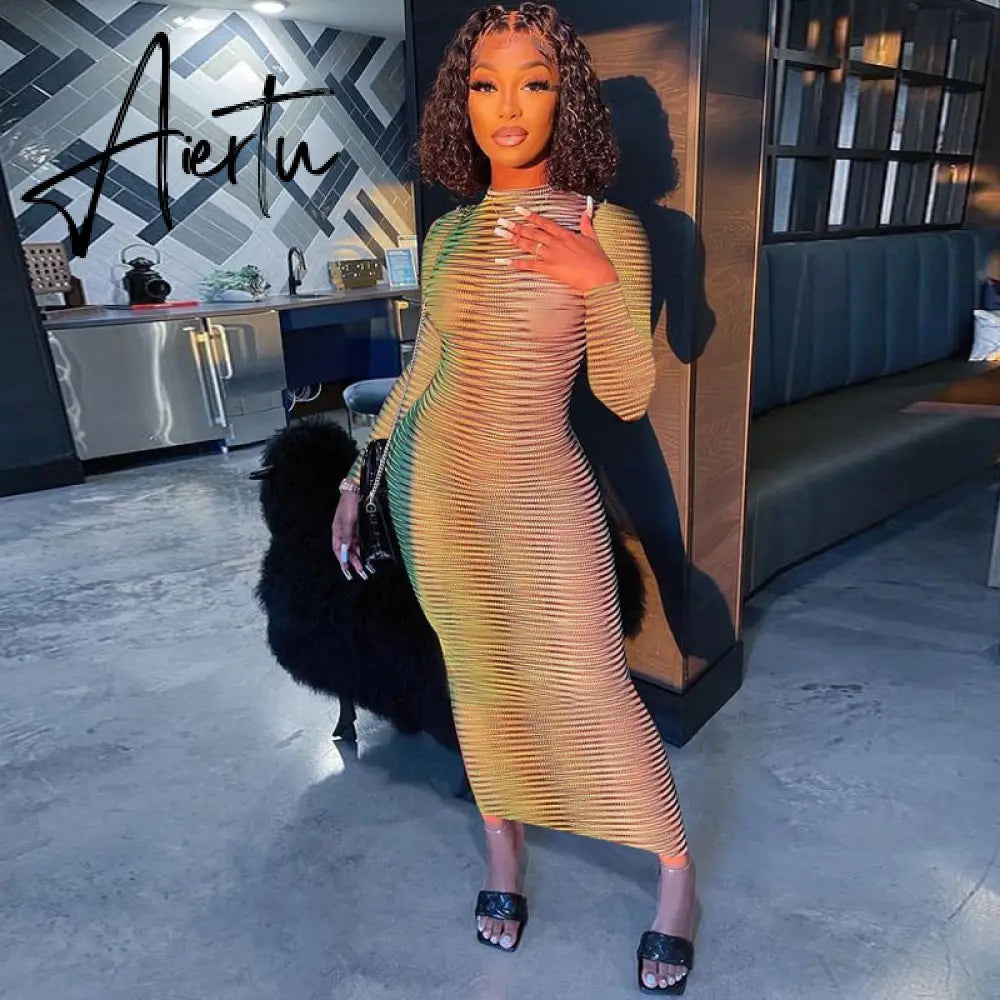 Aiertu Slip Long Sleeves Sexy See Through Bodycon Maxi Dress  Summer Fall Women Fashion Club Color Print Clothes Y2K Robe Aiertu